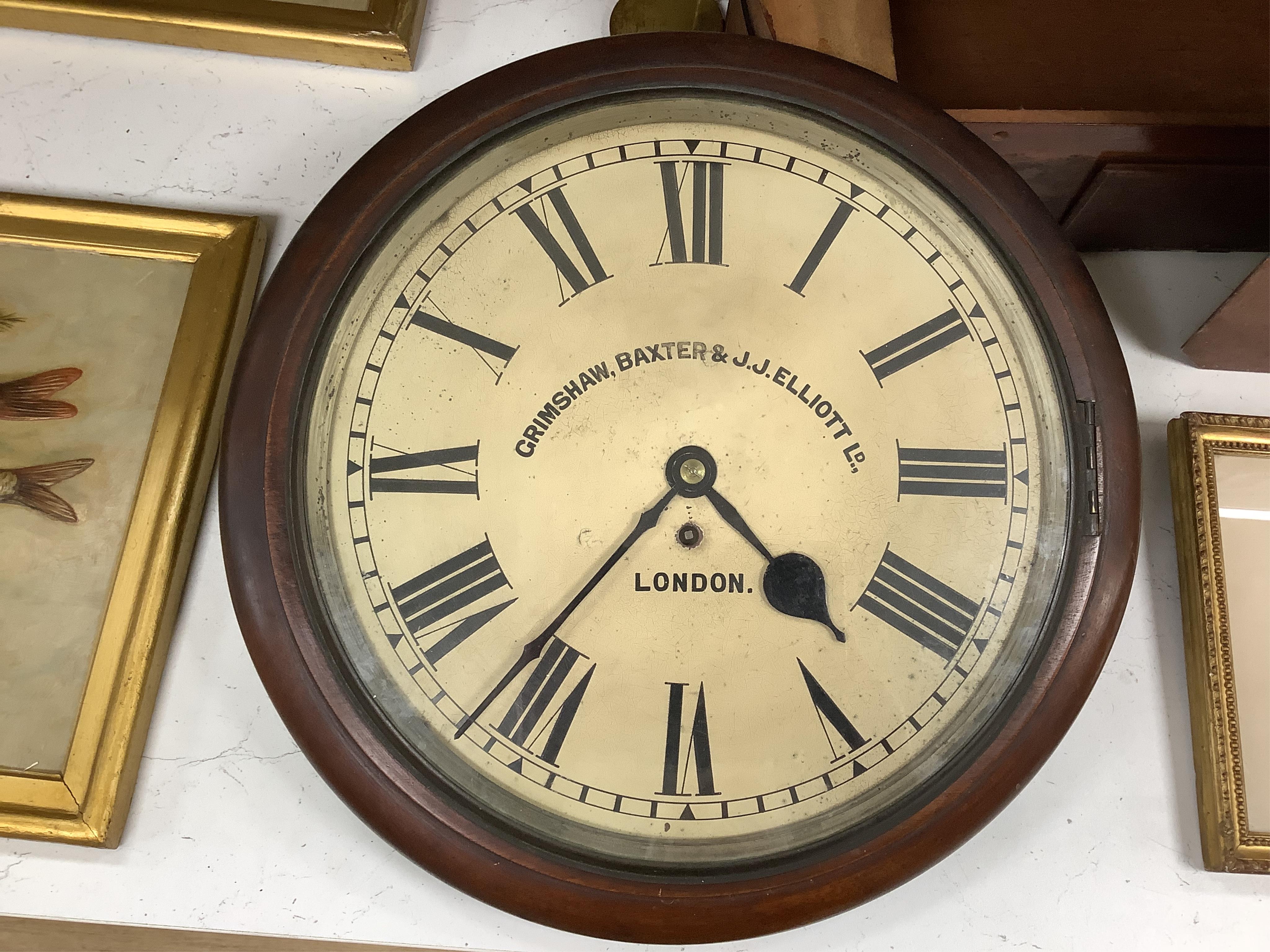 A Victorian Grimshaw, Baxter & JJ Elliottt Ltd, London, mahogany fusee wall timepiece. 46cm diameter. Condition - face crazed in places, unknown if working